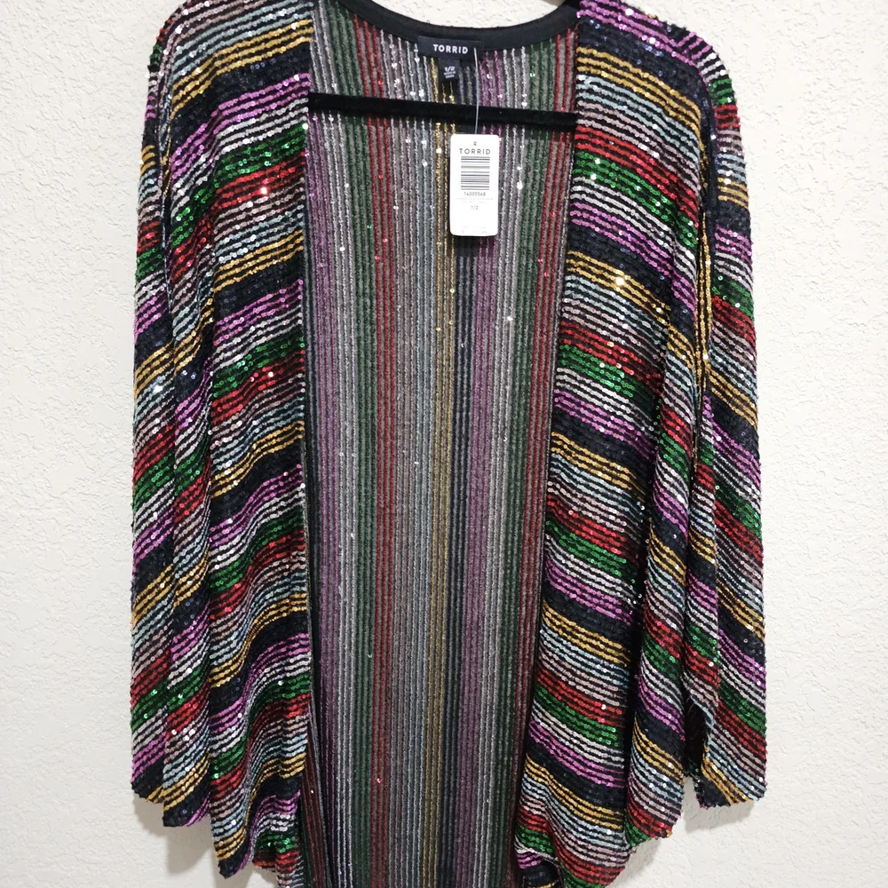 Torrid Multicolored Striped Sequin Kimono Cardigan. - Picture 5 of 7
